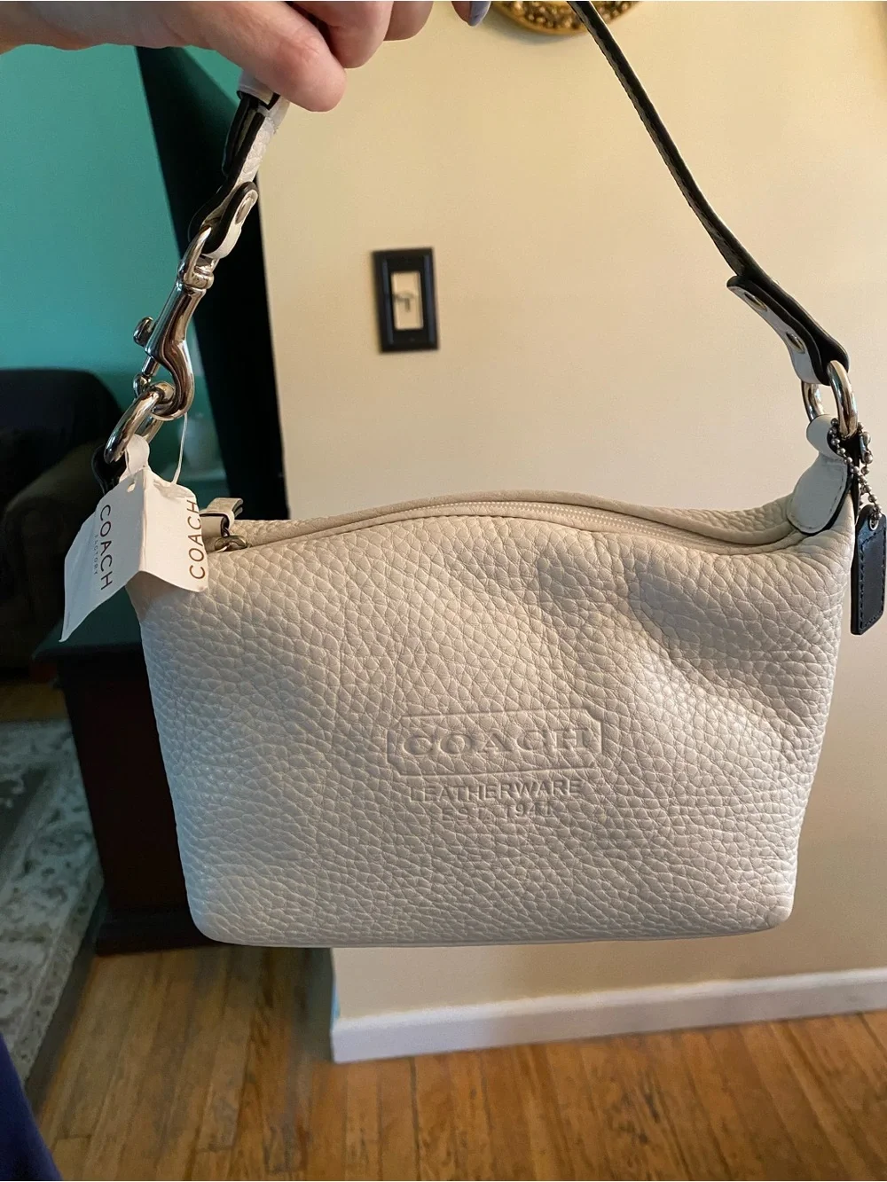 Coach White Leather Handbag with Logo Key Charm